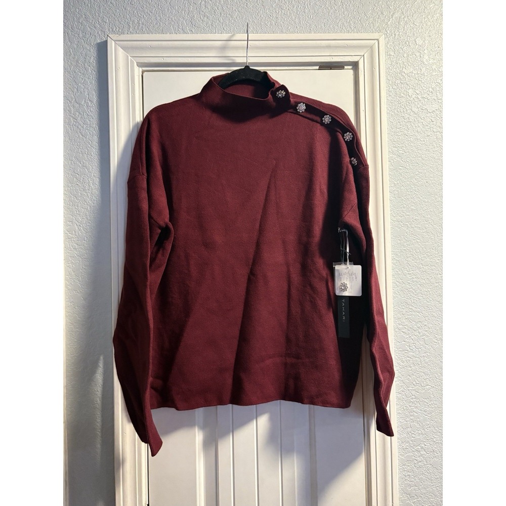 Tahari Embellished Mock‎ Neck Sweater XL Burgundy Rhinestone Button Shoulder NWT